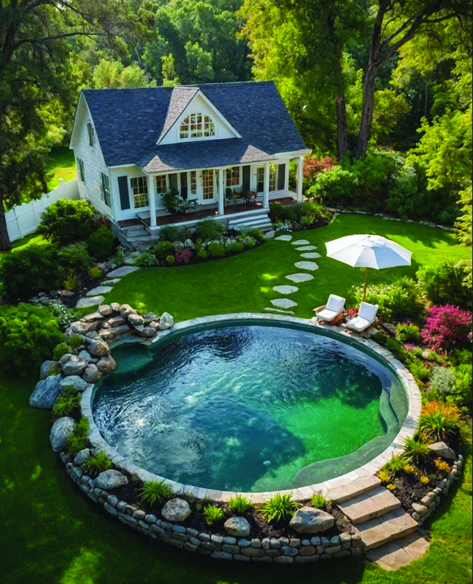 A cottage with a porch above a stone-edged pool.